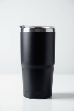 Sleek black tumbler, vacuum insulated, glass, white background, water, photography, minimalist