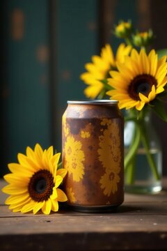 Rusty can, sunflowers, rustic wood table, copy space, sunflowers, weathered
