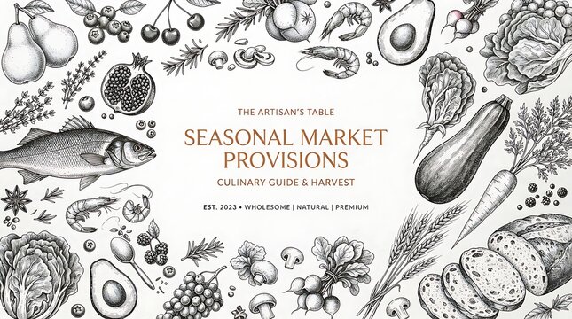 Hand drawn ink illustrations of various fresh food items arranged as a decorative border on a white background with background central text