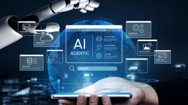 Futuristic AI Technology Concept with Robotic Hand and Digital Interface for Automation, Innovation, and Smart Solutions in Modern Business Environment. Entropy.