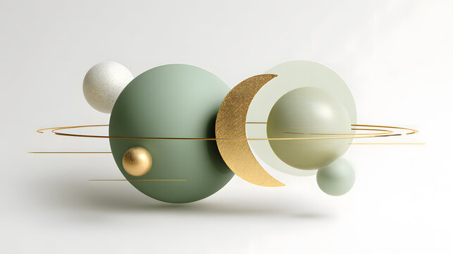 Abstract 3D render with green spheres and gold circular elements