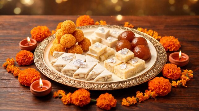 Traditional Indian Diwali Sweets Platter with Festive Decoration
