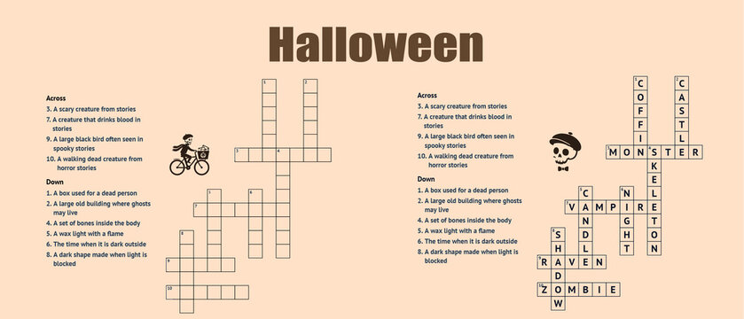 Halloween crossword puzzle with spooky themes and ghostly activities