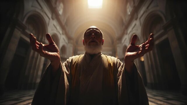 Elderly Man in Robe Raising Hands Upward in Spiritual Prayer Inside Grand Cathedral with Divine Light Above