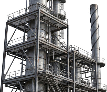 Industrial refinery structure with metal towers pipes platforms and stairways showing heavy usage factory plant equipment engineering machinery steel manufacturing