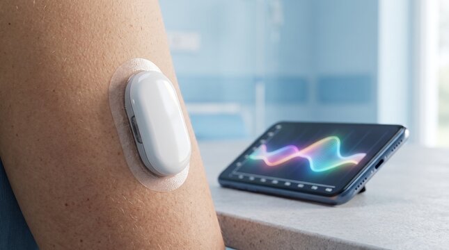 Close-up wearable glucose sensor on the upper arm with a smartphone displaying abstract glucose data, illustrating continuous monitoring, digital healthcare and wireless connectivity.