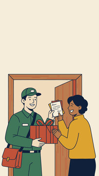 Mailman delivers a wrapped gift and a greeting card to a happy woman at her doorstep