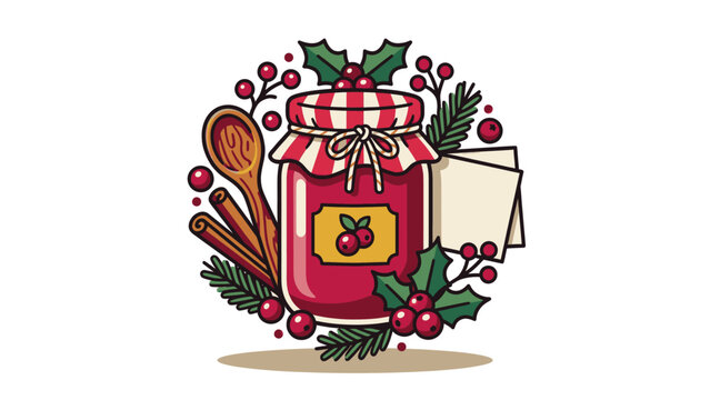 Christmas winter berry jam with cinnamon sticks, wooden spoon, pine, and holly