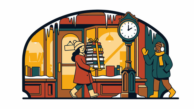 Two people Christmas shopping with gifts on a snowy street with festive storefront