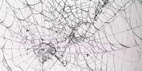 Intricate spider web illustration with detailed silk patterns, spooky cobweb background for Halloween, monochrome spiderweb texture on white © Nafiz