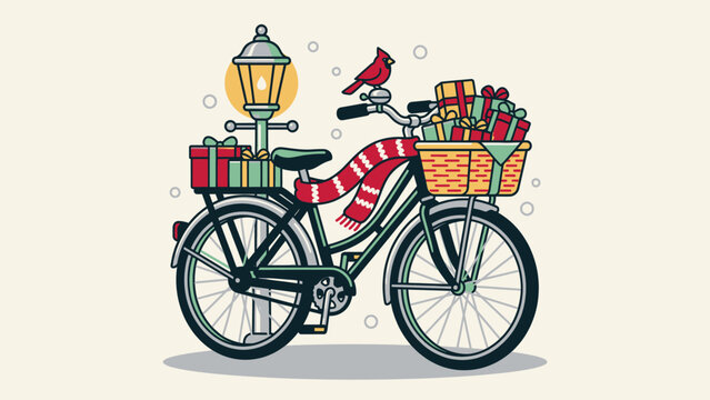 Classic bicycle with Christmas gifts and a scarf parked beside an old lamppost