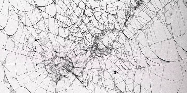 Intricate spider web illustration with detailed silk patterns, spooky cobweb background for Halloween, monochrome spiderweb texture on white