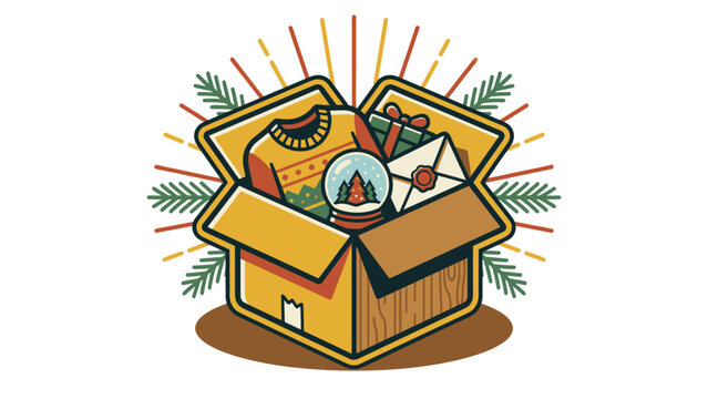 Christmas gift box with festive sweater, snow globe, and card for holiday celebration