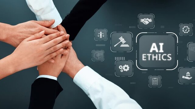 This image captures a diverse group of hands joined together, emphasizing collaboration in AI ethics. The surrounding icons represent responsibility and integrity in technology and society. Raster