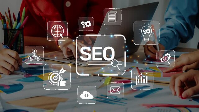 A vibrant workspace showcases diverse hands engaged in a collaborative digital marketing strategy, featuring SEO icons and colorful analytics graphics. Raster