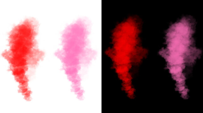 Colorful smoke clouds in red and pink, vibrant powder explosion textures on black and white backgrounds, ethereal vapor and mist for artistic overlays