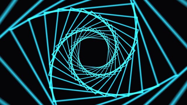Cyan neon square spiral rotating through black void creating hypnotic depth in dynamic motion graphic loop