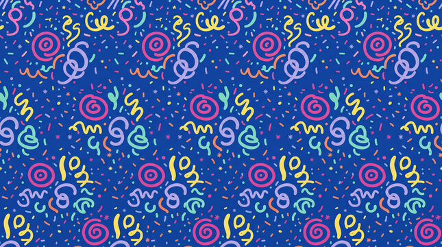 Seamless pattern with 90s style abstract shapes, colorful confetti and squiggles on a blue background, retro memphis design style