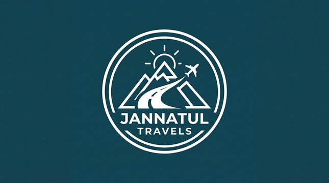 Travel agency logo design featuring mountain landscape, airplane, and road, minimalist vector illustration for tourism branding
