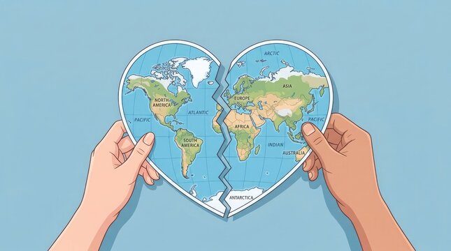 Broken Heart World Map Illustration Held by Hands Representing Global Conflict and Environmental Crisis Concept