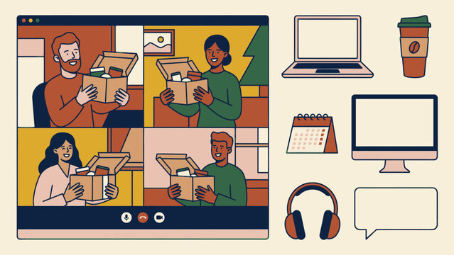 Diverse people celebrate Christmas virtually with gift unboxing and online connection