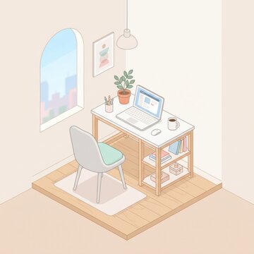 Isometric Minimalist Home Office Desk Setup Illustration Remote Work Concept

