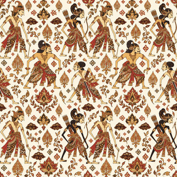 Traditional Indonesian Wayang Pandhawa Seamless Pattern with Ornamental Batik Motif