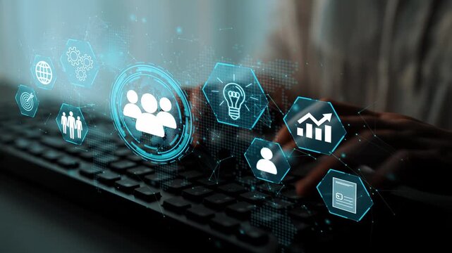 Hands Typing on Keyboard with Digital Interface Icons Representing Networking, Innovation, Growth, and Technology Concepts. Entropy.