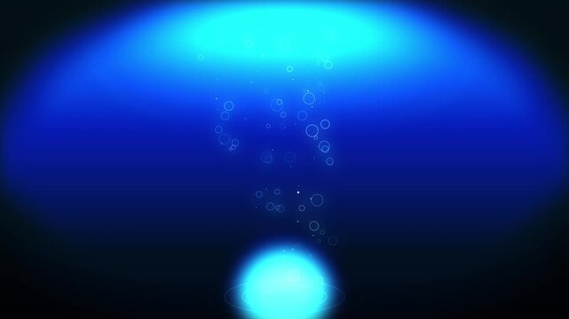 Floating light orb radiating energy pulses amidst glowing underwater bubbles in deep blue abyss motion loop