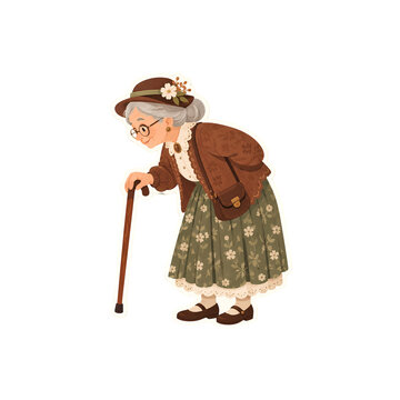 Cute elderly grandmother walking with wooden cane vector illustration with transparent background