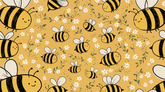 Cute handdrawn bee pattern with little white flowers and green leaves on a warm yellow background