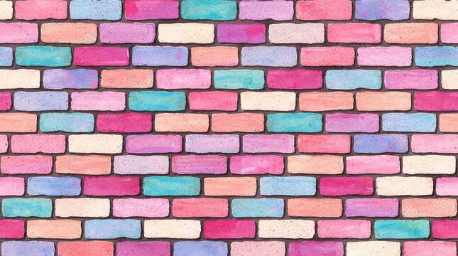 Seamless brick wall pattern with watercolor texture in pastel colors like pink, blue, yellow and purple for creative background design