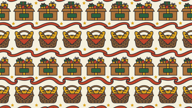 Festive seamless Christmas pattern with gift boxes and bread baskets on a warm background