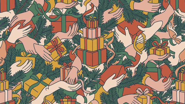 Festive seamless pattern with hands exchanging gifts amidst evergreen branches for holiday season