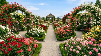 Obraz premium A beautiful rose garden path leads to a distant gazebo on a sunny day