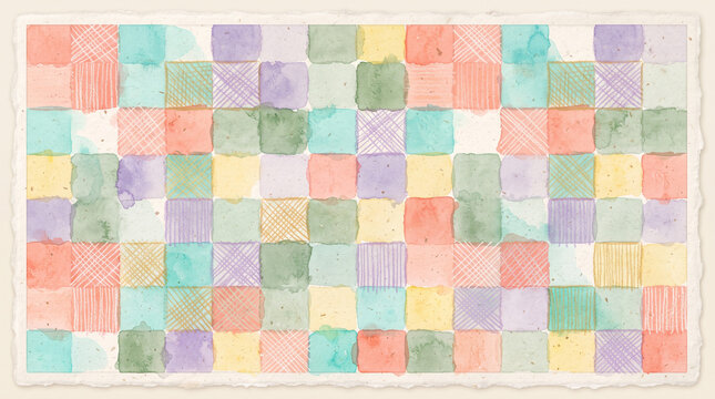 Abstract watercolor patchwork pattern with handdrawn crosshatch textures in pastel colors, square tile grid design on textured paper background