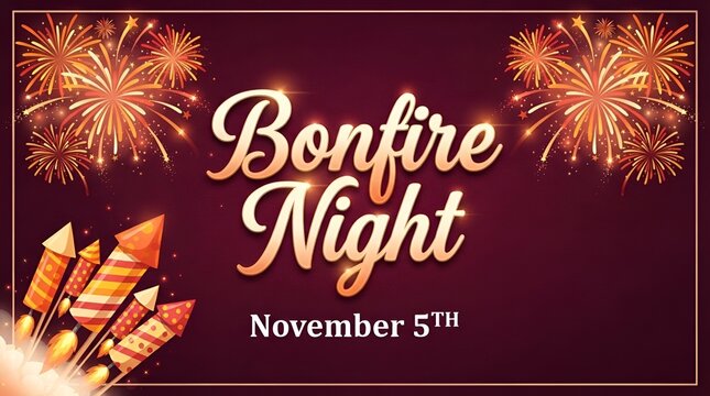 A luxurious festive poster for "Bonfire Night" featuring large elegant 3D golden script lettering centered with soft glowing highlights, warm rim light and subtle drop shadows, beneath it a classic se