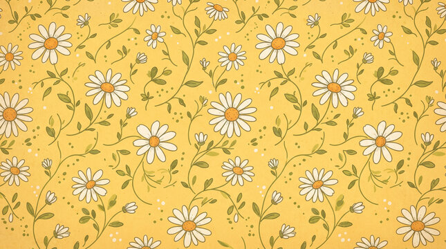 Vintage seamless pattern with white daisies on a yellow background, retro 70s floral wallpaper design