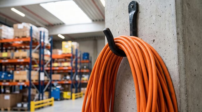 Electrical cable, coiled orange cable hanging on hook on concrete pillar in industrial warehouse, power supply and organization.