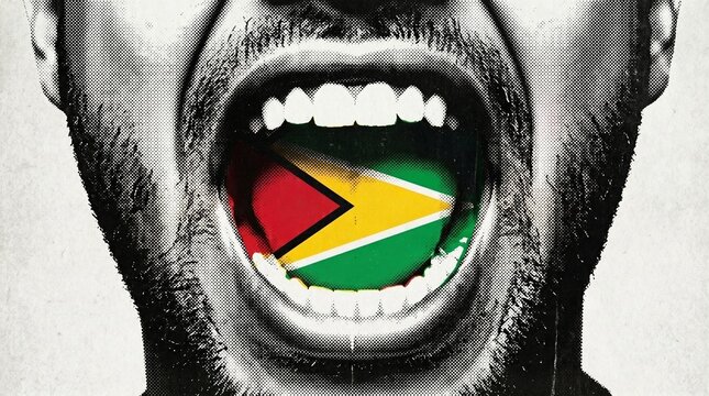 Close-up of a person's mouth wide open with the vibrant flag of Guyana inside, symbolizing national voice and identity.