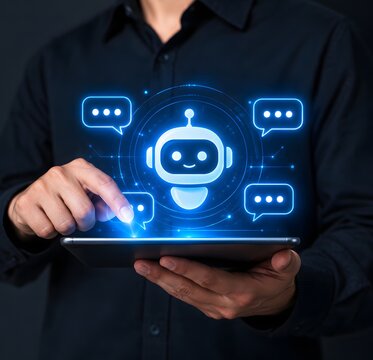 A person uses a tablet to interact with a friendly AI chatbot interface, showcasing digital communication and virtual assistance technology.