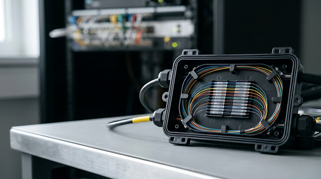 Fiber optic splice closure with organized colorful optical fibers and fusion splices on a table in a telecommunication data center for 5G network and high-speed technology.