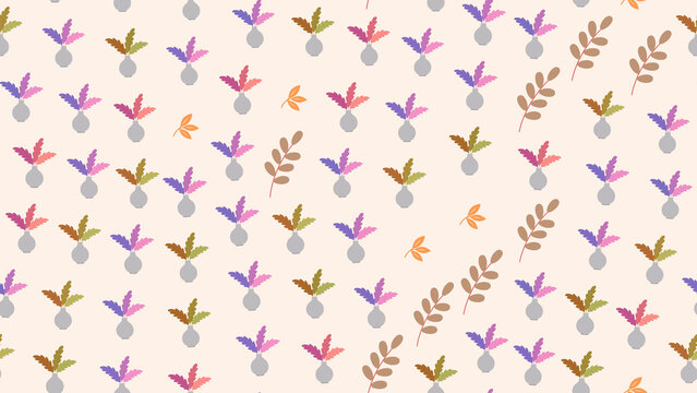 Seamless pattern of vases with colorful foliage and branches