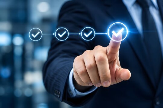 Professional businessman touching a digital screen interface to select a checklist process, representing quality control, project management, and business success.