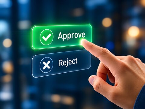 A hand selecting an approve button over a reject button on a digital interface, representing decision making, choice, management, and business process optimization.