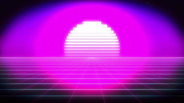 Retro synthwave landscape with neon grid and glowing sun, abstract digital background loop