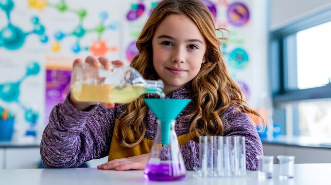 Girl Performing Chemistry Experiment with Flask in Science Class