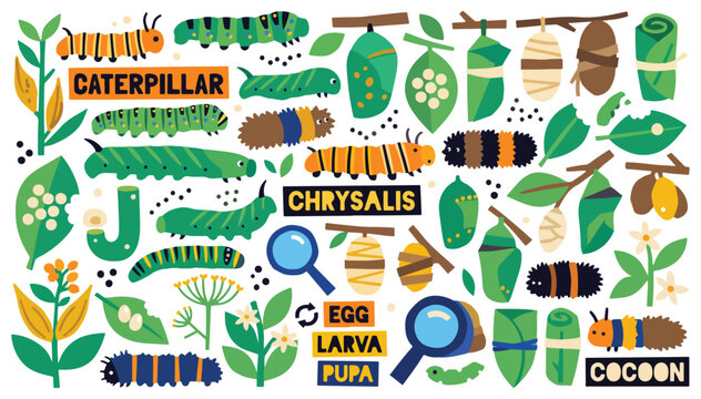 Caterpillar life cycle clipart set of educational science eggs, larvae, pupae, chrysalis and cocoon with leaves vector