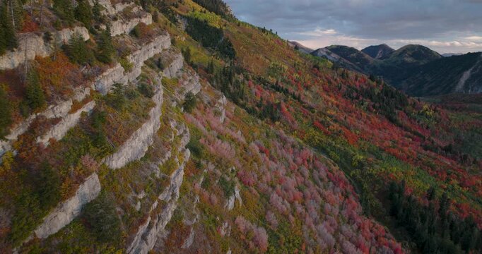Gorgeous Aerial View Of Majestic Autumn Colors On Rocky Mountain Side At Dusk
