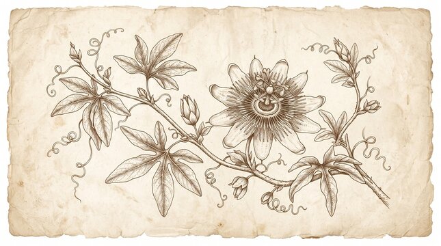 Vintage botanical illustration of passion flower vine on aged parchment paper